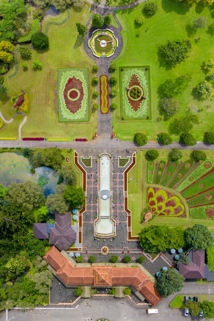 Home Stunning aerial shot of a landscaped botanical garden in Sukaresmi, Java, Indonesia.